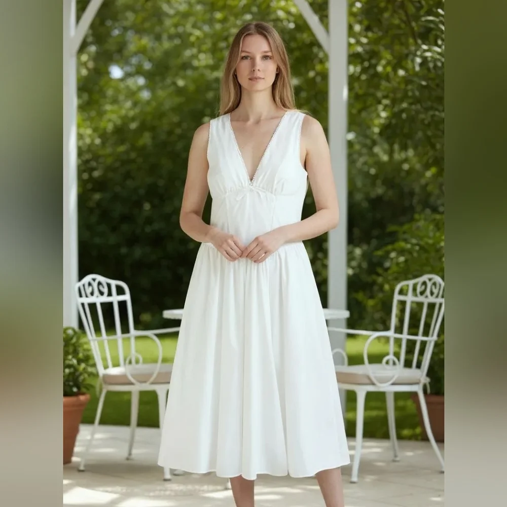 Band Of The Free Elegant Corset Waist White Sleeveless Midi Cotton Dress Large
